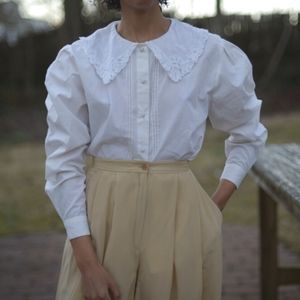 1980s romantic cotton lace and embroidered collar blouse, puff sleeve, large